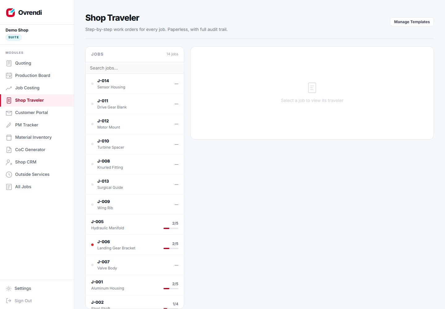 Ovrendi Shop Traveler screen with illustrative demo jobs